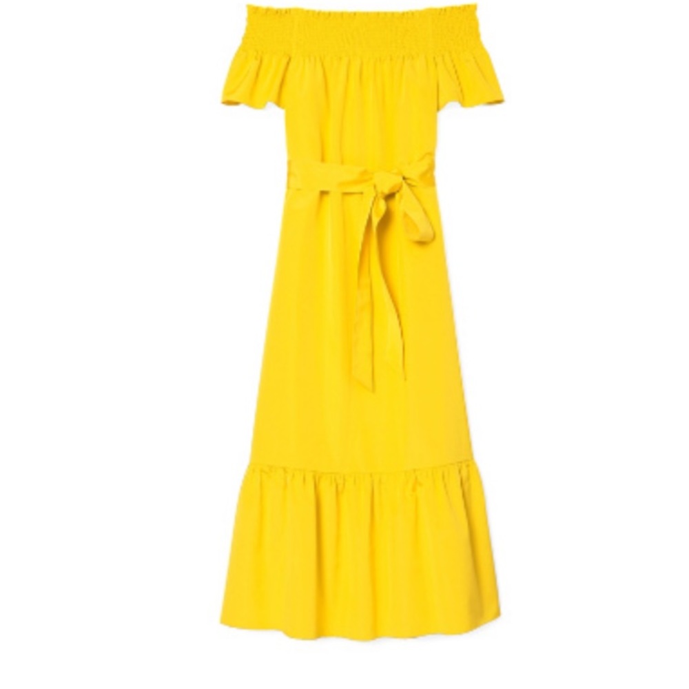 100% AUTHENTIC TORY BURCH SMOCKED SHOULDER DRESS WITH BELT YELLOW SIZE SMALL